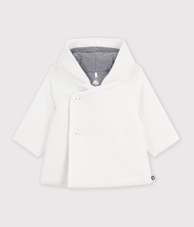 Wattierte Baby-Jacke aus Strick mit Ringelstreifen-Futter weiss