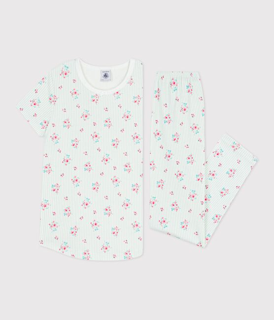 Kurzärmeliger Kinder-Pyjama mit langer Hose aus geblümter Baumwolle weiss MARSHMALLOW/weiss MULTICO