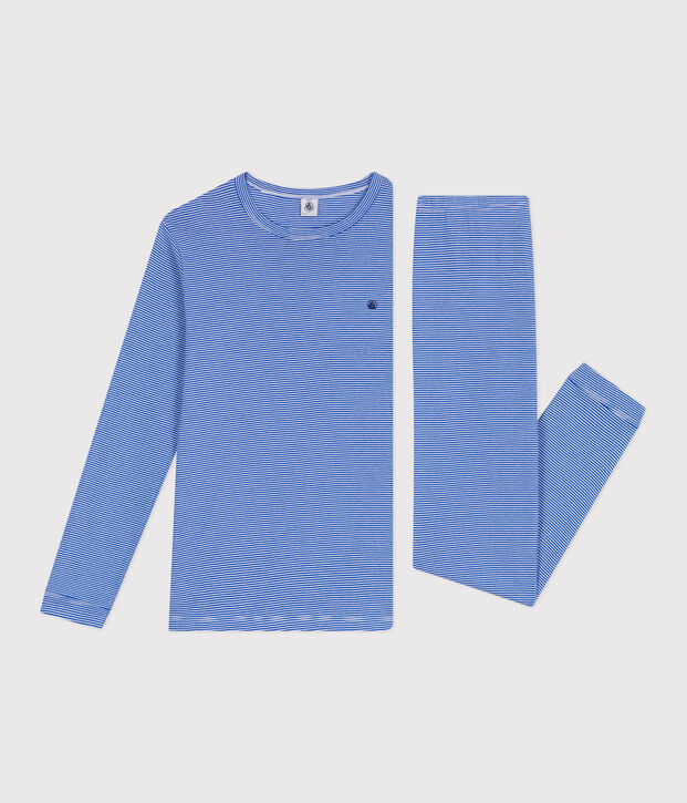 Kinder-Pyjama aus Baumwolle mit Streifen blau/weiss