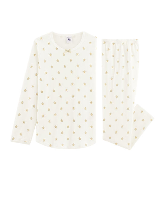 Rippstrick-Pyjama mit Sternen für kleine Mädchen weiss MARSHMALLOW/gelb OR