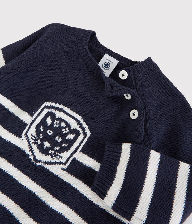Baby-Pullover aus Wolle und Baumwolle. blau/weiss