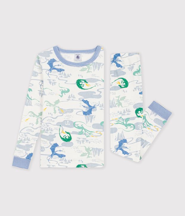 Eng anliegender Kinder-Pyjama aus gemusterter Baumwolle weiss/vielfarbig