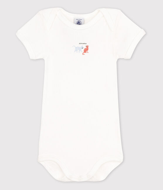 Kurzärmeliger Baby-Body weiss MARSHMALLOW/blau BLEU