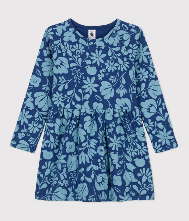 Gebl&uuml;mtes Kinderkleid aus Doppeljersey f&uuml;r M&auml;dchen blau/blau