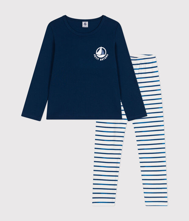 Lang&auml;rmeliger Pyjama f&uuml;r Kinder aus Baumwolle weiss/blau