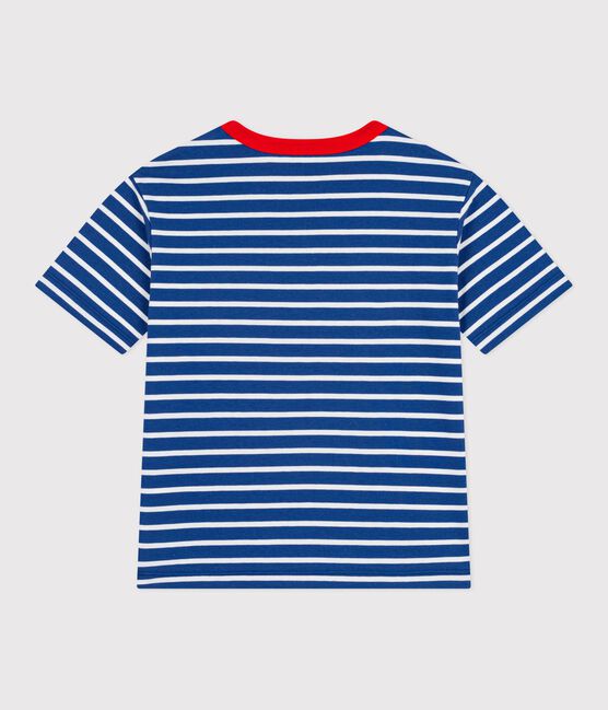 Kurzärmeliges Kinder-T-Shirt aus Baumwolle mit Streifen blau CREPUSCULE/ MARSHMALLOW