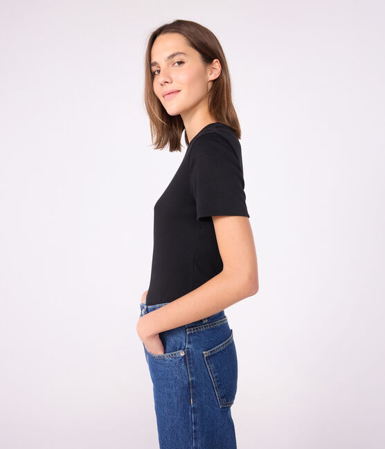 Kurzärmeliges Damen-T-Shirt L'ICONIQUE aus einfarbigem Rippstrick schwarz BLACK