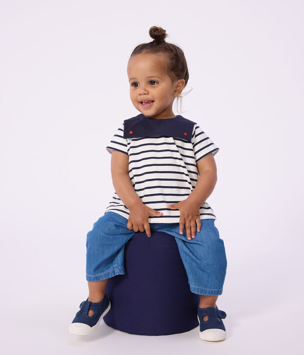 Baby-Set aus Baumwolle mit Marinestreifen und besticktem Kragen weiss/blau