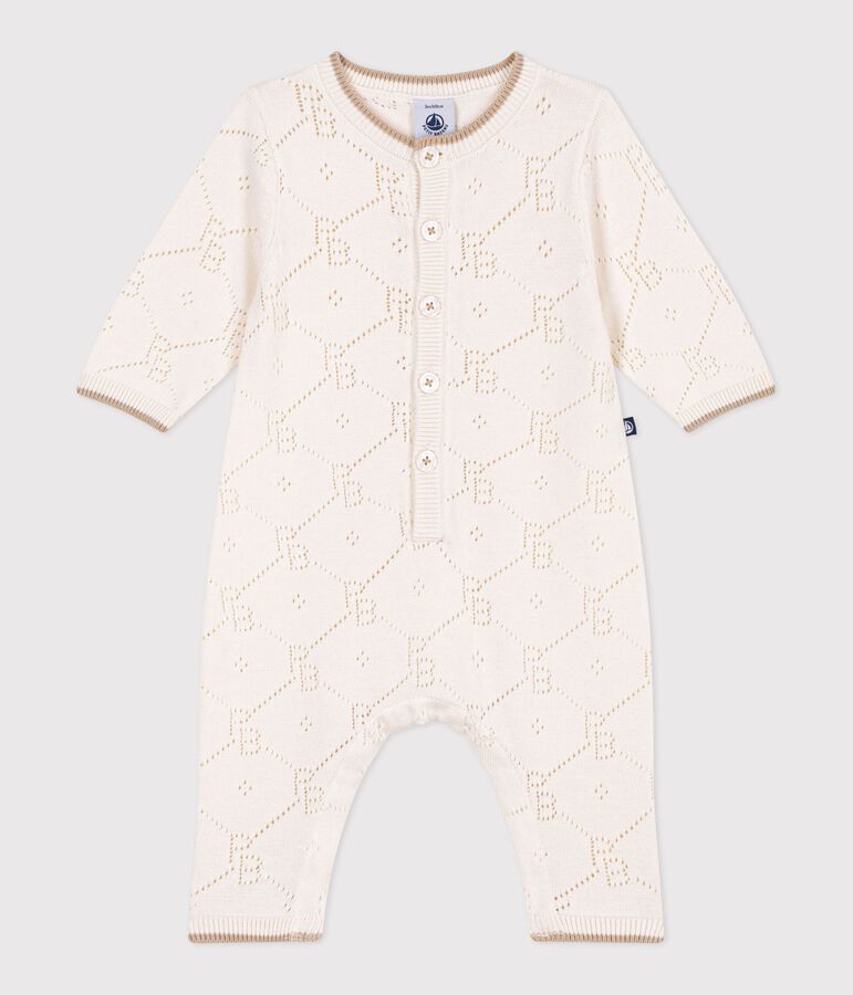 Langer Baby-Overall aus Baumwollstrick mit Lochstickerei naturfarben