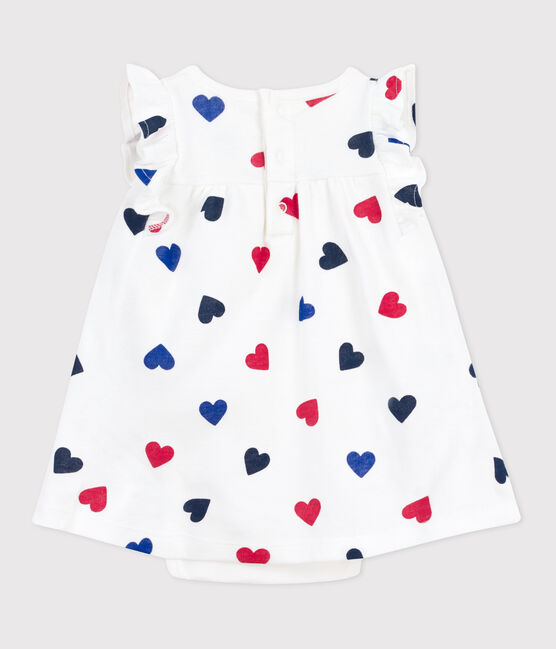 Kurzärmeliges Baby-Kleid aus Baumwolle mit integriertem Body und dreifarbigem Herzmotiv weiss MARSHMALLOW/weiss MULTICO