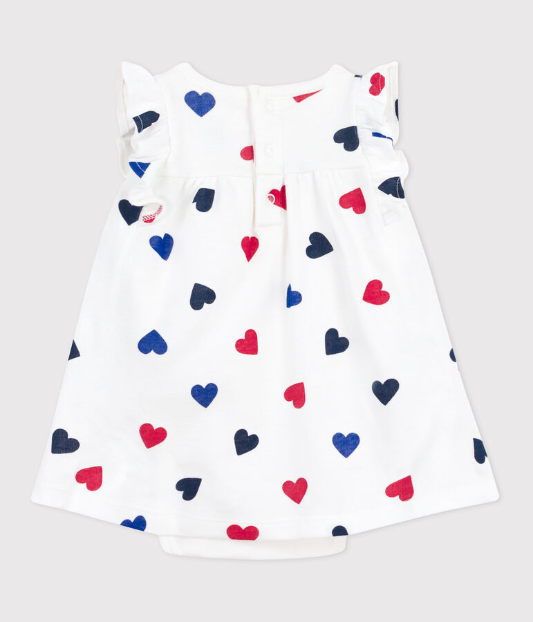 Kurz&auml;rmeliges Baby-Kleid aus Baumwolle mit integriertem Body und dreifarbigem Herzmotiv weiss/vielfarbig