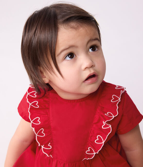 Kurzärmeliges Babykleid aus einfarbiger Baumwolle und dazu passender Bloomer rot TERKUIT