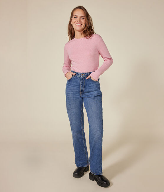 Langärmeliges Damen-T-Shirt "L'Iconique" mit Mäusezähnchenkante aus einfarbigem Rippstrick rosa ROSELINE CHINE