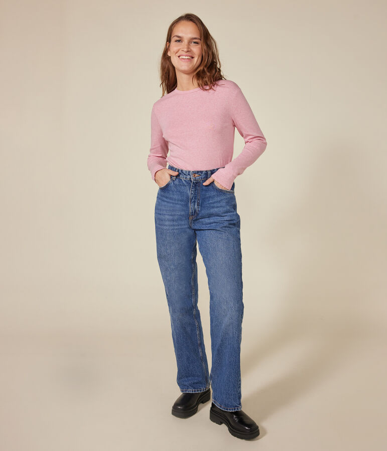 Lang&auml;rmeliges Damen-T-Shirt L'Iconique mit M&auml;usez&auml;hnchenkante aus einfarbigem Rippstrick rosa