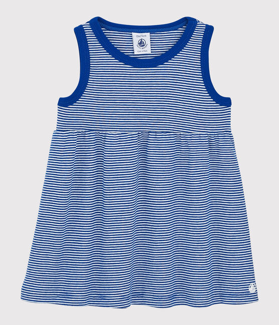 Ärmelloses gestreiftes Baby-Kleid für Mädchen blau SURF/weiss MARSHMALLOW