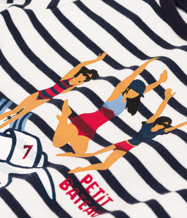 Kinder-Streifenshirt aus dichter Baumwolle f&uuml;r M&auml;dchen, mit Siebdruck weiss/blau