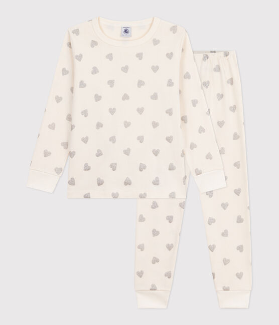 Kinder-Pyjama aus Baumwolle mit silberfarbenen Herzen naturfarben MILK/ ARGENT