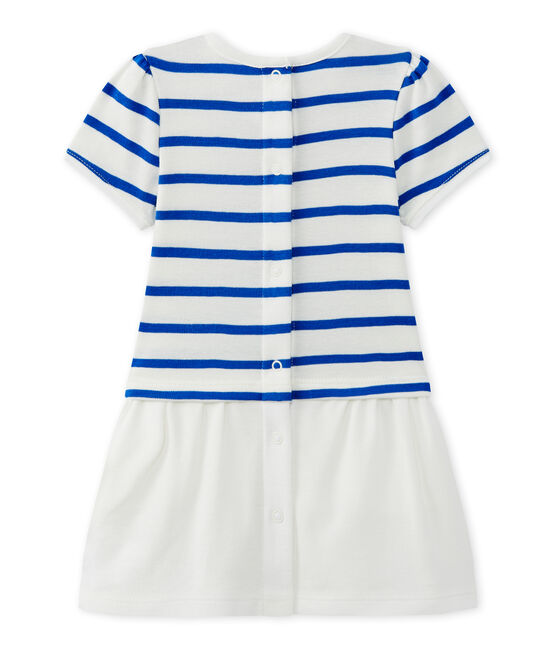 Kurzärmeliges Baby-Mädchen-Kleid weiss MARSHMALLOW/blau PERSE