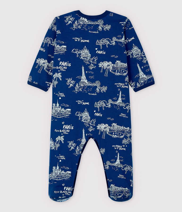 Baby-Strampler aus Doppeljersey mit Paris-Motiv im Toile-de-Jouy-Stil blau/weiss