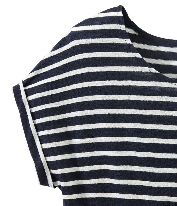 Gestreiftes Damen-T-Shirt aus Leinen blau/weiss