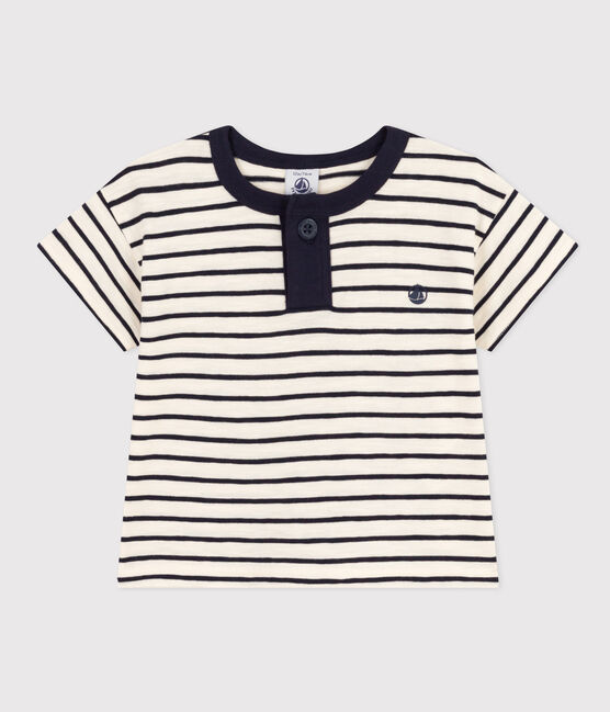 Kurzärmeliges Baby-T-Shirt aus geflammtem Jersey weiss AVALANCHE/blau SMOKING