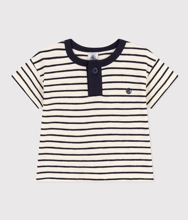 Kurz&auml;rmeliges Baby-T-Shirt aus geflammtem Jersey naturfarben/blau