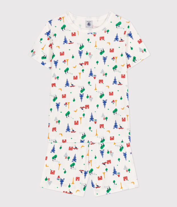 Kurzer Kinderpyjama aus Baumwolle mit Paris-Printmotiv weiss/vielfarbig