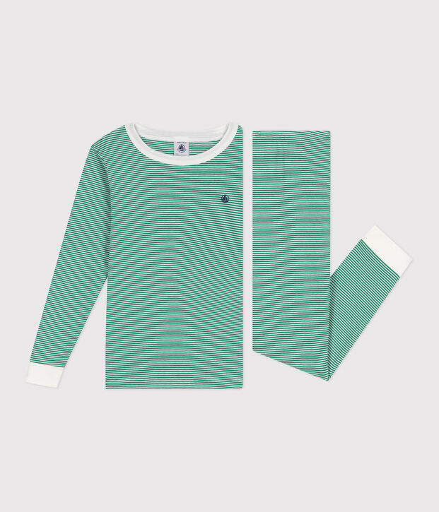 Eng anliegender Kinder-Pyjama aus Baumwolle mit Streifen gr&uuml;n/weiss