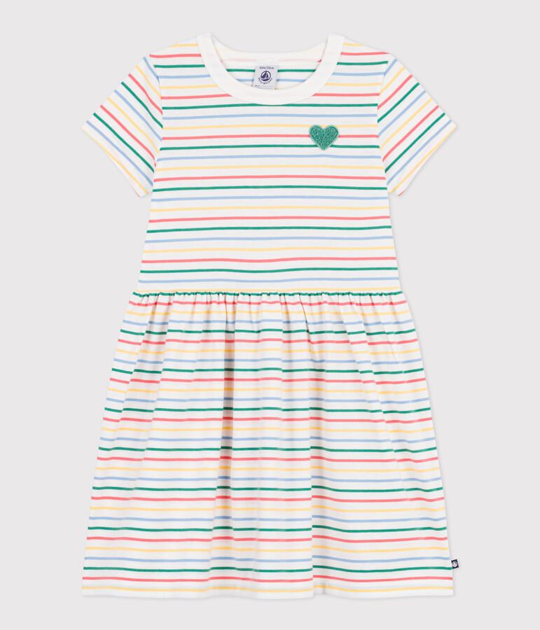 Kurz&auml;rmeliges Kinder-Kleid aus Baumwolle mit Streifen weiss/vielfarbig