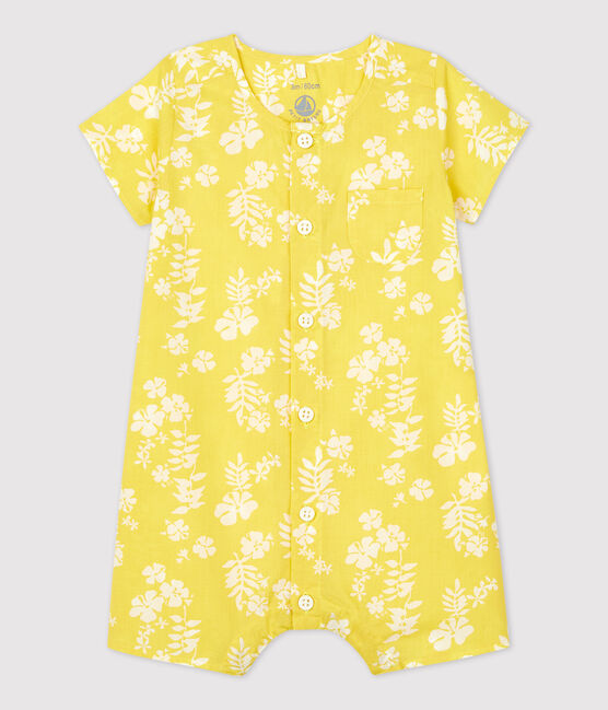 Kurzer Baby-Overall aus Bio-Popeline mit Hawaiimuster gelb ORGE/weiss MARSHMALLOW
