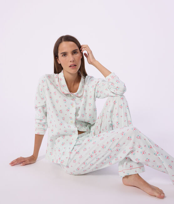 Damen-Pyjama aus gemusterter Baumwolle mit Knopfverschluss weiss MARSHMALLOW/weiss MULTICO