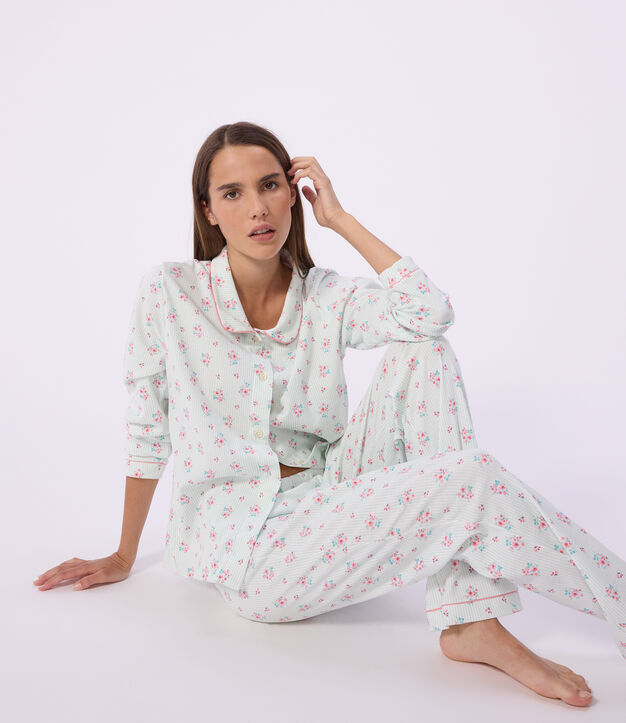 Damen-Pyjama aus gemusterter Baumwolle mit Knopfverschluss weiss/vielfarbig