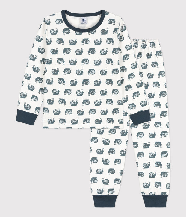 Kinderpyjama aus Molton mit Schneckenmotiv weiss/grau