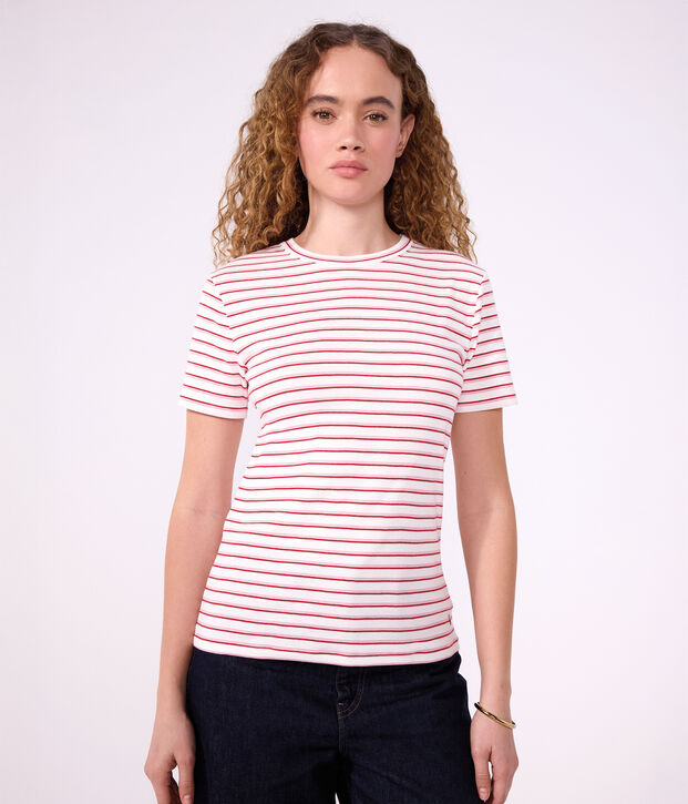 Kurz&auml;rmeliges Damen T-Shirt aus Baumwolle mit Streifen weiss/rot