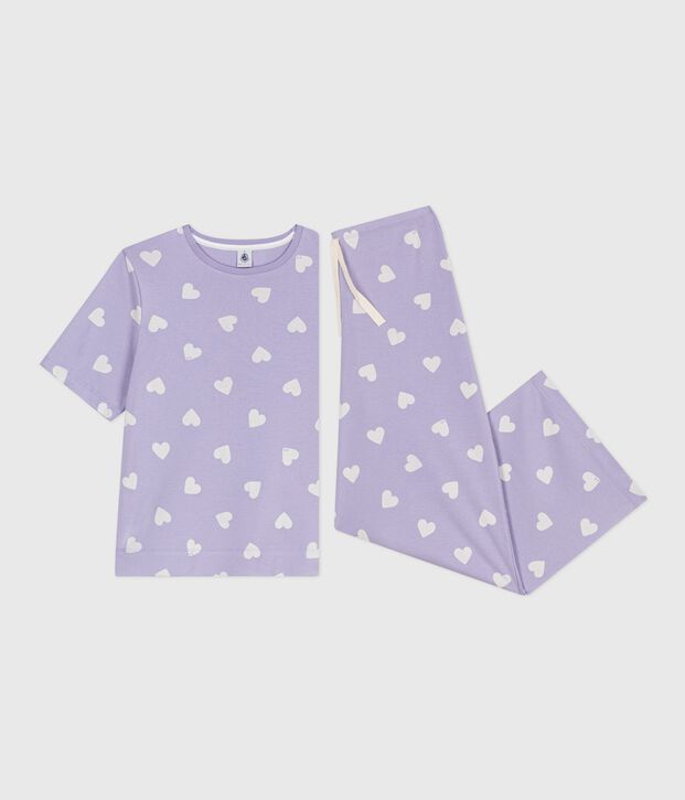 Kurz&auml;rmeliger Damen-Pyjama mit weitem Bein aus Baumwolle mit Herz-Motiv violett/weiss
