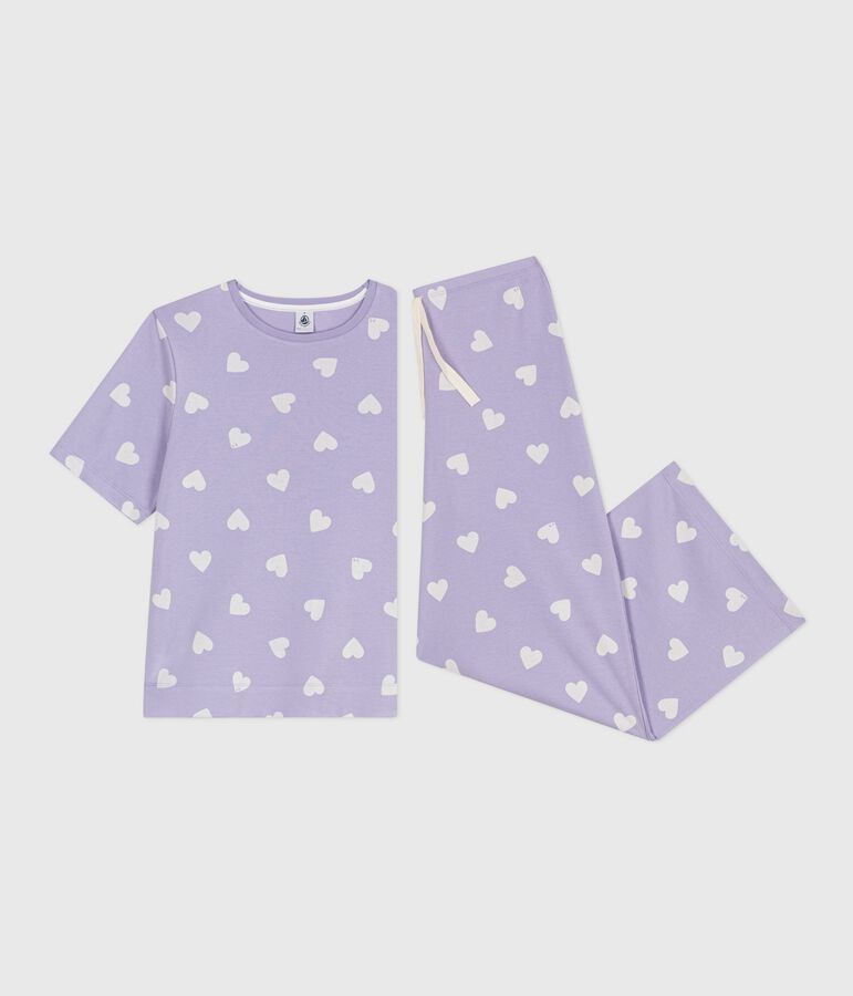 Kurz&auml;rmeliger Damen-Pyjama mit weitem Bein aus Baumwolle mit Herz-Motiv violett/weiss