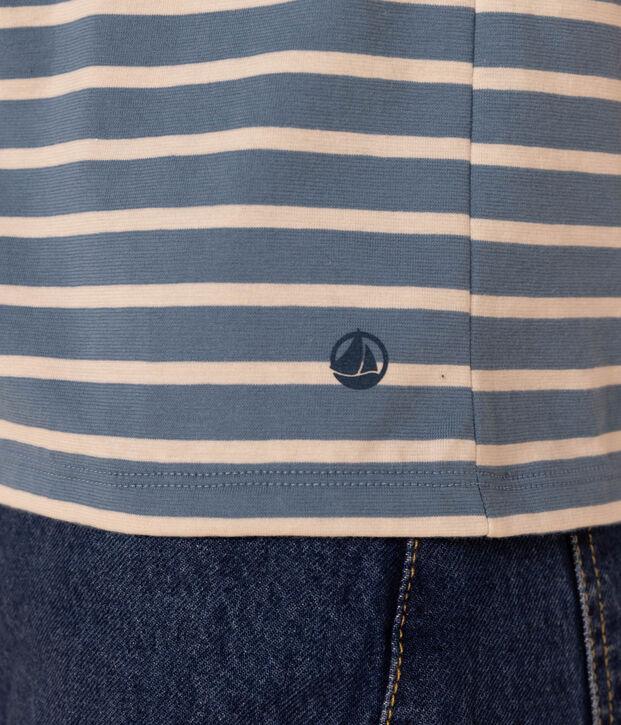 Damen-T-Shirt LE DROIT aus Baumwolle mit V-Ausschnitt blau/naturfarben