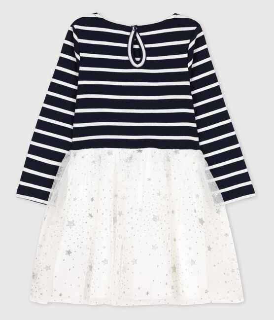 Langärmeliges Kinderkleid aus Baumwolle und Tüll für Mädchen blau SMOKING/weiss MARSHMALLOW