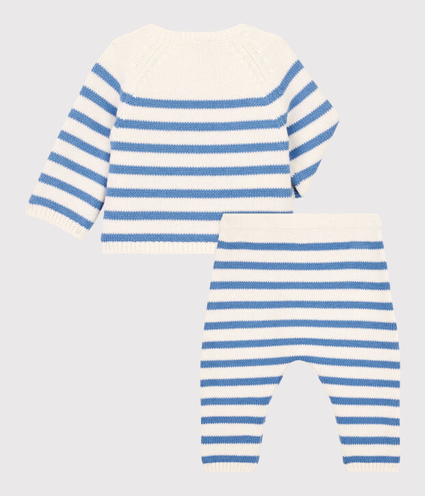 Zweiteiliges Baby-Set aus Woll- und Baumwoll-Strick mit Marinestreifen weiss/blau