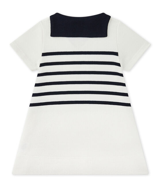 Gestreiftes Baby-Mädchen-Kleid aus schwerem Jersey weiss MARSHMALLOW/blau SMOKING