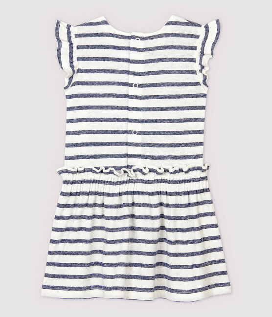 Kurzärmeliges, gestreiftes Babykleid aus Baumwolle/Leinen für Mädchen weiss MARSHMALLOW/blau MEDIEVAL