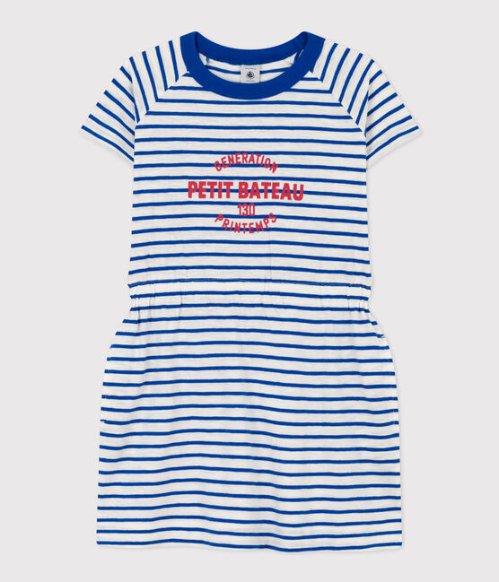 Gestreiftes Kinderkleid aus Flammgarn für Mädchen weiss MARSHMALLOW/blau PERSE