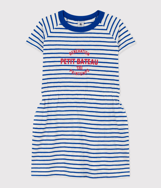 Gestreiftes Kinderkleid aus Flammgarn f&uuml;r M&auml;dchen weiss/blau