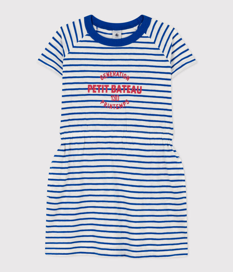 Gestreiftes Kinderkleid aus Flammgarn f&uuml;r M&auml;dchen weiss MARSHMALLOW/blau PERSE