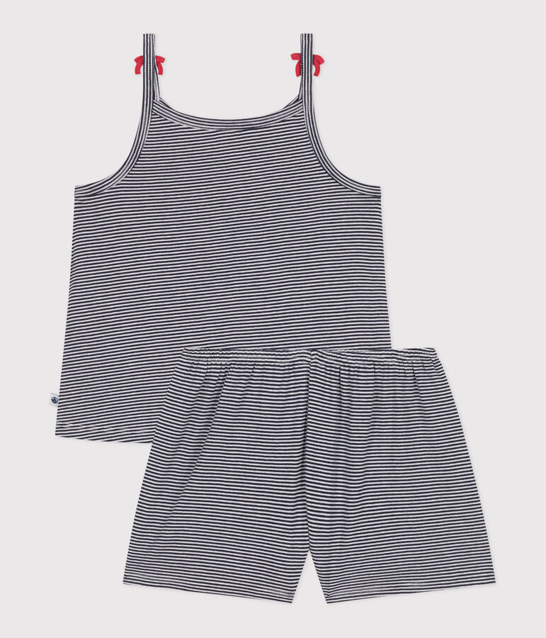 Kinder-Kurzpyjama mit schmalen Tr&auml;gern aus Baumwolle mit Streifen blau/weiss