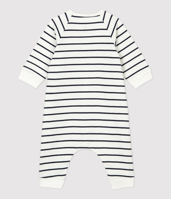 Baby-Overall aus Bio-Baumwoll-Molton mit Marinestreifen weiss MARSHMALLOW/blau SMOKING
