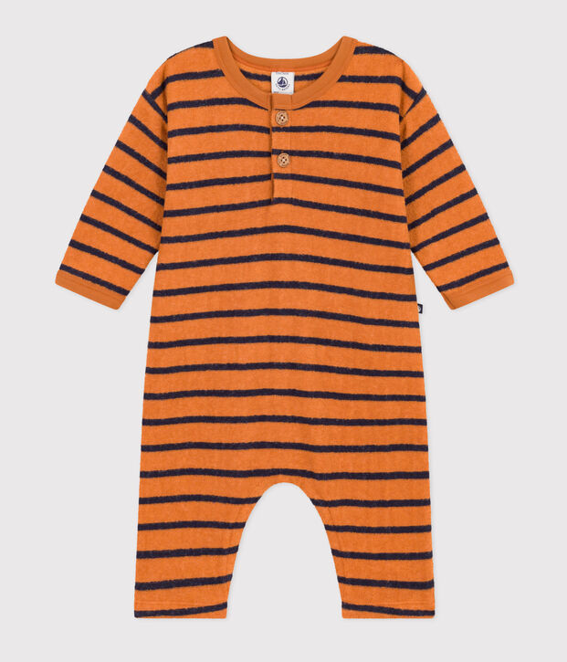Langer Baby-Overall aus Boucl&eacute;-Frottier braun/blau