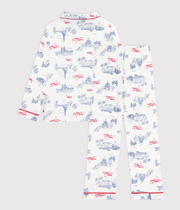 Kinder-Pyjama mit Knopfverschluss aus Baumwolle mit Paris-Motiven weiss/vielfarbig