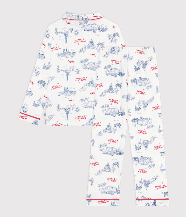 Kinder-Pyjama mit Knopfverschluss aus Baumwolle mit Paris-Motiven weiss/vielfarbig