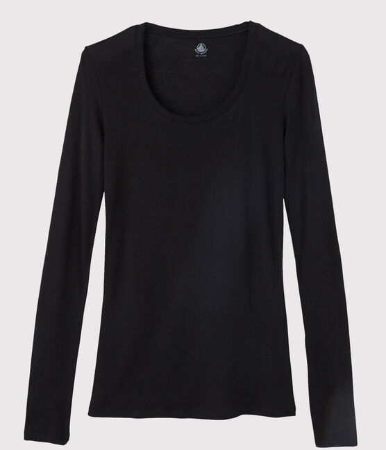 Damen-T-Shirt, leichter Rippstrick schwarz NOIR